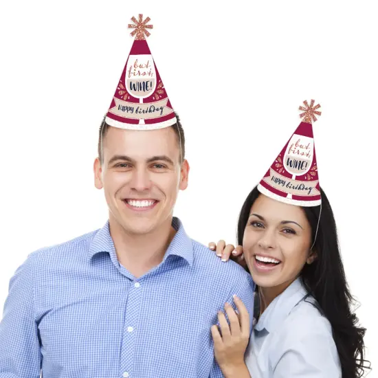 Big Dot of Happiness But First, Wine - Cone Happy Birthday Party Hats for Kids and Adults - Set of 8 (Standard Size) {3}