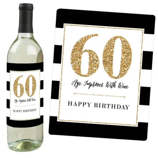 Big Dot of Happiness Chic 60th Birthday - Pink, Black and Gold - Birthday Gift For Women - Wine Bottle Label Stickers - Set of 4 {6}