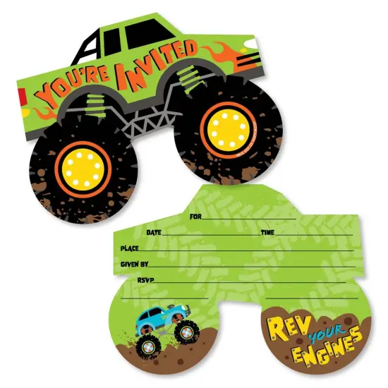 Big Dot of Happiness Smash and Crash - Monster Truck - Shaped Fill-In Invitations - Boy Birthday Party Invitation Cards with Envelopes - Set of 12 {1}