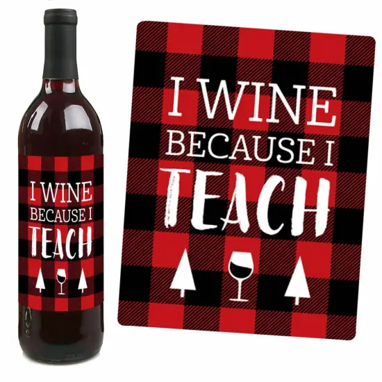 Big Dot of Happiness Plaid Teacher Appreciation - Holiday and Christmas Gifts Decorations for Women and Men - Wine Bottle Label Stickers - Set of 4 {4}
