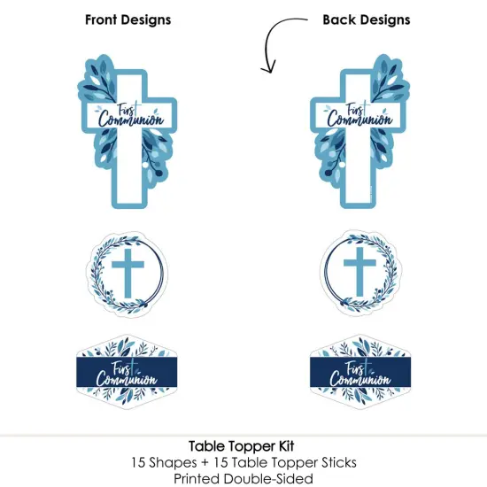 Big Dot of Happiness First Communion Blue Elegant Cross - Boy Religious Party Centerpiece Sticks - Table Toppers - Set of 15 {6}