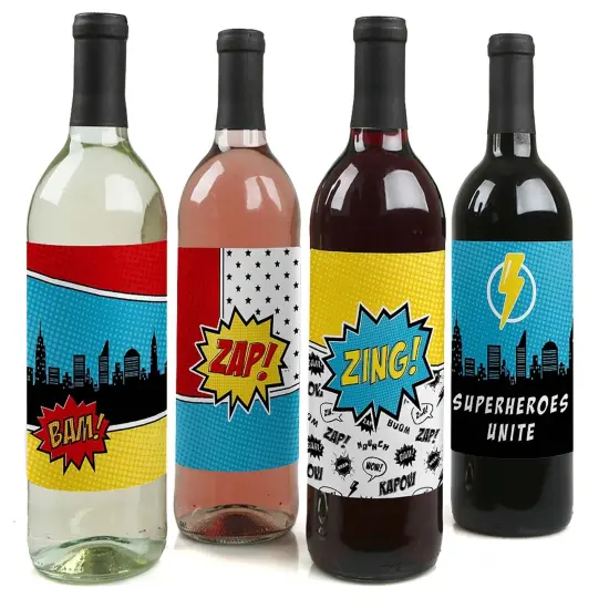 Big Dot of Happiness Bam Superhero - Baby Shower or Birthday Party Decorations for Women and Men - Wine Bottle Label Stickers - Set of 4 {1}