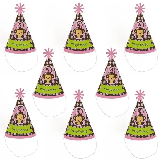 Big Dot of Happiness Pink Monkey Girl - Cone Happy Birthday Party Hats for Kids and Adults - Set of 8 (Standard Size) {7}