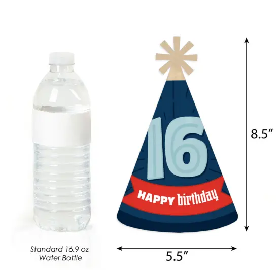 Big Dot of Happiness Boy 16th Birthday - Cone Happy Birthday Party Hats for Adults - Set of 8 (Standard Size) {4}