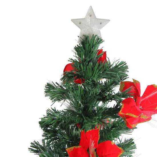 DAK 5' Pre-Lit Medium Fiber Optic Artificial Christmas Tree with Red Poinsettias - Multicolor Lights Green {4}