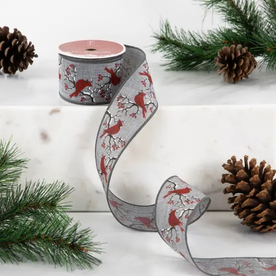 Northlight Gray and Red Cardinal Wired Craft Christmas Ribbon 2.5" x 10 Yards {3}