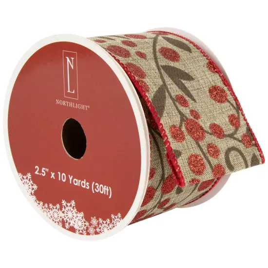 Northlight Red Berry Burlap Style Wired Craft Christmas Ribbon 2.5" x 10 Yards Brown {1}