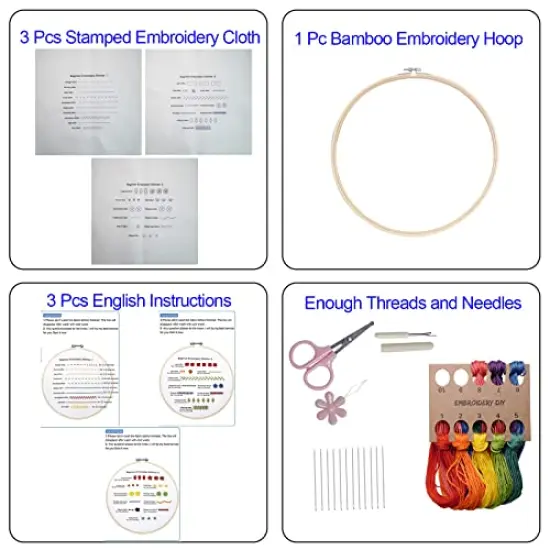 Beginners Embroidery Stitch Practice kit, 3 Sets Embroidery Kit to Learn 30 Different Stitches for Craft Lover Hand Stitch with Embroidery Fabric with Embroidery Skill Techniques {6}