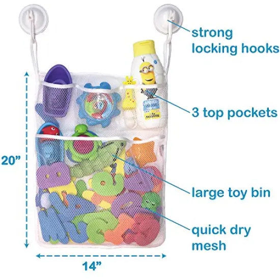 Lilly's Love Bath Toy Storage - Large 14 x 20 inch Bathtub Toy Holder + 2 Locking Hooks, Quick Dry & Easy for Kids to Put Bath Toys Away {4}