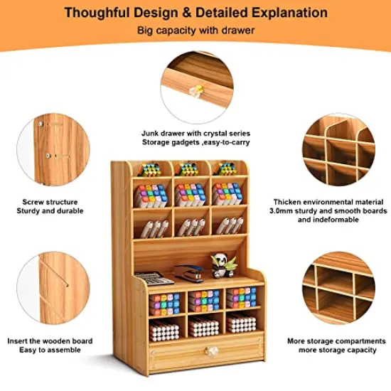 Wooden Pen Organizer, Multi-Functional DIY Pen Holder Box, Desktop Stationary, Easy Assembly, Home Office Art Supplies Organizer Storage with Drawer (B16-Cherry Color) {1}