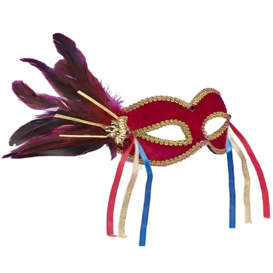Red And Gold Venetian Carnival Mask With Feather Plume And Ribbons Accessory {1}