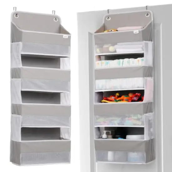 ULG Over Door Organizer with 4 Large Pockets 6 Mesh Side Pockets, 33 lbs Weight Capacity Hanging Storage Organizer with Clear Window for Baby Kids Toys, Diapers, Grey?1 Pack, 4 Layers {1}