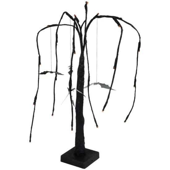 Northlight LED Lighted Glittered Halloween Willow Tree with Bats - 24" - Orange Lights Black {5}