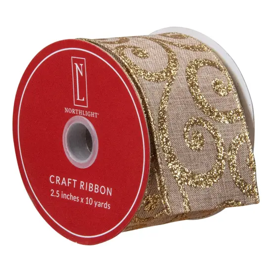 Northlight Burlap and Gold Scroll Christmas Wired Craft Ribbon 2.5" x 10 Yards Brown {4}