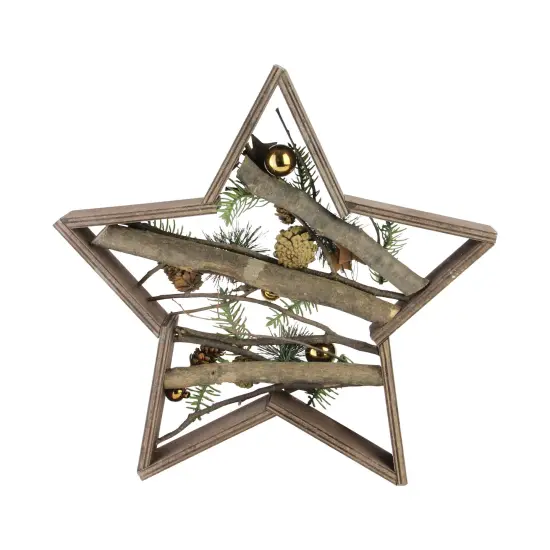 Northlight Wood Framed Star with Mixed Branches and Bells Table or Wall Decoration - 15.25" Gold {4}