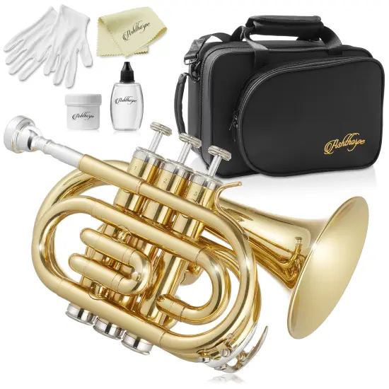 Ashthorpe Bb Brass Pocket Trumpet - Includes Case, Mouthpiece, Gloves, Cleaning Cloth, Valve Oil {1}
