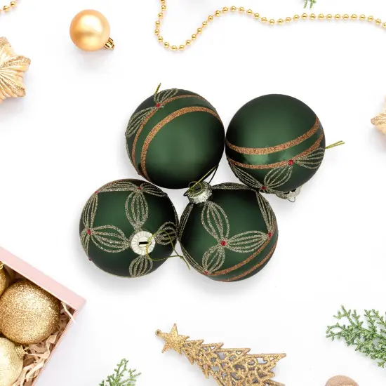 Northlight Holly Berry Christmas Glass Ball Ornaments - 3" - Green and Gold - 4ct {3}
