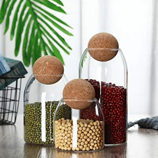 MOLFUJ 550ML/18Oz Glass Storage Container with Ball Cork, Cute Decorative Organizer Bottle Canister Jar with Air Tight Wood Lid for Food, Coffee, Candy, Bathroom Apothecary Cotton Swab Qtip Holder {5}