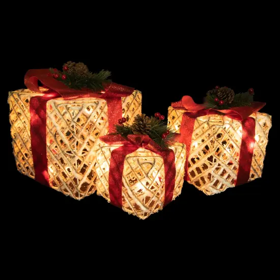 Northlight Set of 3 Lighted White Rope Gift Box Christmas Decorations 9.75" {6}