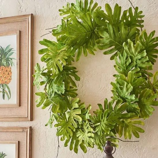 Raz Philodendron Leaves and Twigs Artificial Tropical Wreath - 26" - Unlit Green {4}