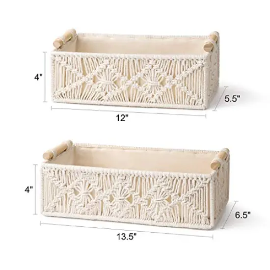Mkono Macrame Storage Baskets Boho Decor Box Handmade Woven Decorative Countertop Toilet Tank Shelf Cabinet Organizer for Bedroom Livingroom Home, Set of 2, Ivory {3}