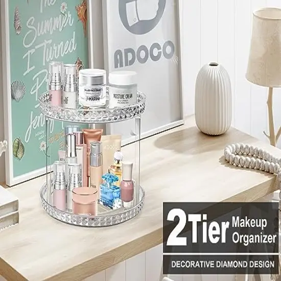 2 Tier Diamond Lazy Susan Bathroom Organizer Countertop, Clear 360 Rotating Cosmetic Makeup Organizer for Vanity, Skincare Organizers Perfume Organizer for Counter - Organization and Storage -9.25INCH {5}
