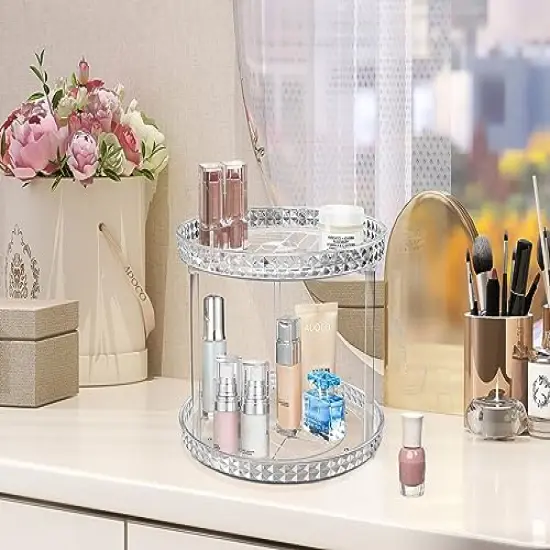 2 Tier Diamond Lazy Susan Bathroom Organizer Countertop, Clear 360 Rotating Cosmetic Makeup Organizer for Vanity, Skincare Organizers Perfume Organizer for Counter - Organization and Storage -9.25INCH {6}