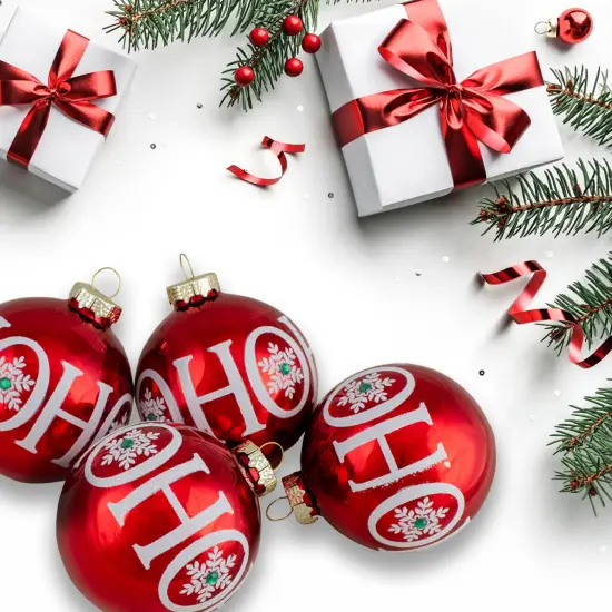 Northlight Set of 4 Red Ho Ho Ho Glass Ball Christmas Ornaments 3.25-Inch (80mm) {4}