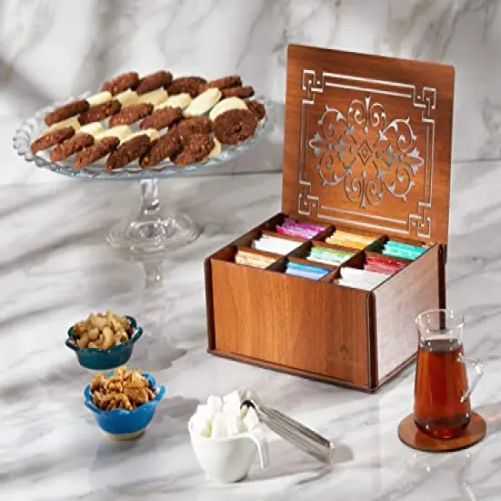 RoyalHouse Premium Wood (Hard MDF) Tea Storage Box Organizer (Brown), Eco-Friendly Multi-Functional Decorative Box, 9 Compartments For Assorted Variety Of Tea Bags and Small Items {3}