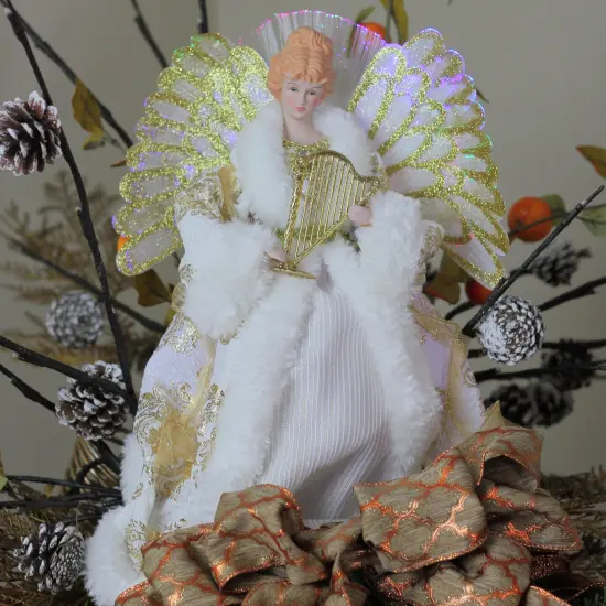 Northlight 12" Lighted Fiber Optic Angel in Gold and Cream Gown with Harp Christmas Tree Topper {4}