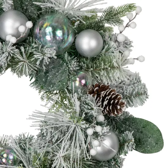 Northlight Flocked Pine Artificial Christmas Wreath with Iridescent Ornaments, 24-Inch, Unlit Green {6}