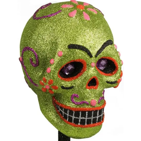 Gallerie II 12" Black and Green Day of the Dead Glitter Drenched Skull Halloween Tabletop Decor {4}
