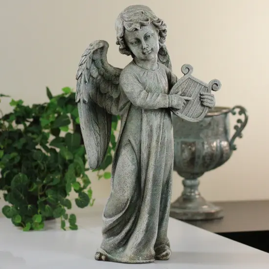Roman Joseph's Studio Angel with Harp Outdoor Garden Statue - 19.25" Gray {4}