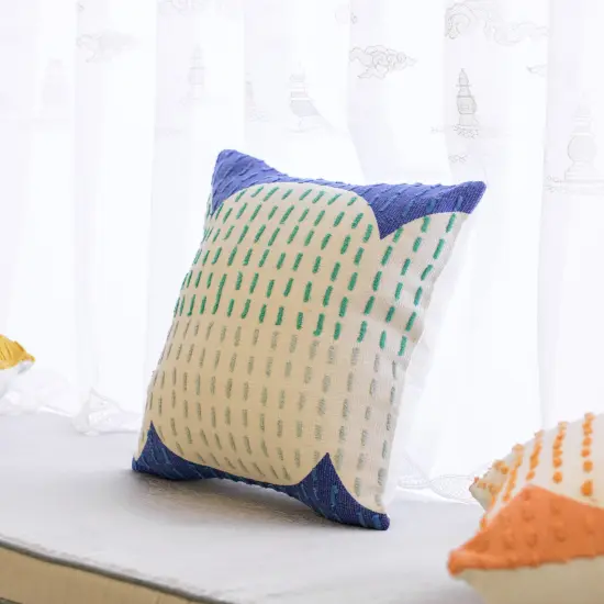 16" Handwoven Cotton Throw Pillow Cover with Ribbed Line Dots and Wave Border Blue with Cushion {5}