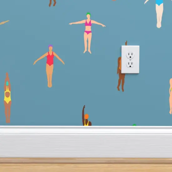 Peel & Stick Wallpaper 2FT Wide Swimmers Dusty Blue Water Holiday Sun Summer Tropical Custom Removable Wallpaper by Spoonflower {4}