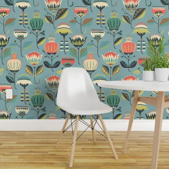 Pre-Pasted Wallpaper 2FT Wide Mod Floral Folk Art Retro Botanical Scandinavian Garden Custom Pre-pasted Wallpaper by Spoonflower {1}