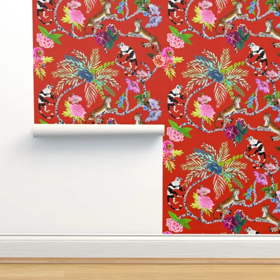 Pre-Pasted Wallpaper 2FT Wide Chinoiserie Maximalist Red Whimsical Monkey Tropical Leopard Botanical Custom Pre-pasted Wallpaper by Spoonflower {2}