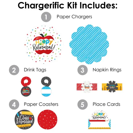 Big Dot of Happiness Teacher Retirement - Happy Retirement Party Paper Charger and Table Decorations - Chargerific Kit - Place Setting for 8 {4}