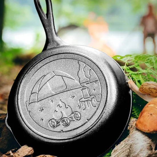Lodge Cast Iron Cooking Skillet Seasoned Tent Scene Imprint 8 in {4}