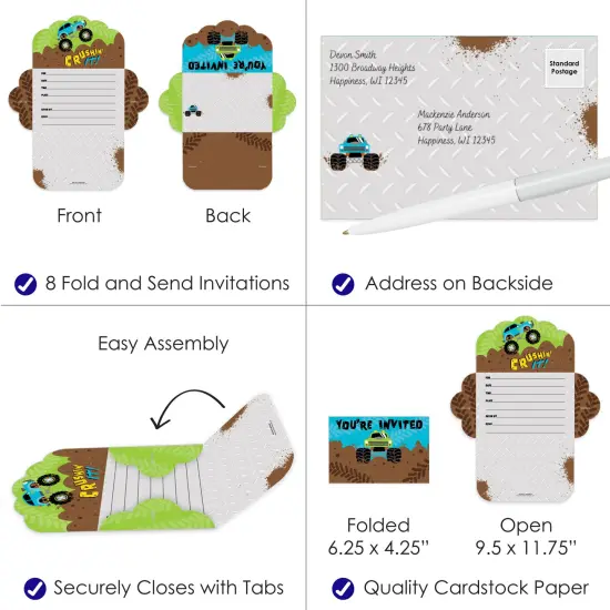 Big Dot of Happiness Smash and Crash - Monster Truck - Fill-In Cards - Boy Birthday Party Fold and Send Invitations - Set of 8 {4}