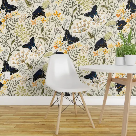 Pre-Pasted Wallpaper 2FT Wide Garden Butterflies Flowers Butterfly Bag Garden Botanical Dill Herbs Caterpillar Swallowtail Rue Chrysalis Custom Pre-pasted Wallpaper by Spoonflower {1}