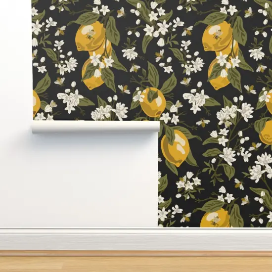 Peel & Stick Wallpaper 2FT Wide Bees Lemons Black Large Modern Citrus Traditional Custom Removable Wallpaper by Spoonflower {2}