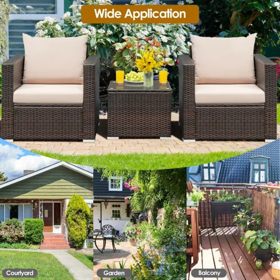 3 Pcs Patio Conversation Rattan Furniture Set with Cushion Beige {2}