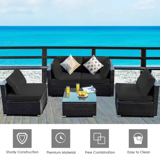 5 Pieces Cushioned Patio Rattan Furniture Set with Glass Table Black {6}