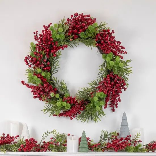 Northlight Red Berry and Frosted Pine Christmas Wreath, 28-Inch, Unlit {3}