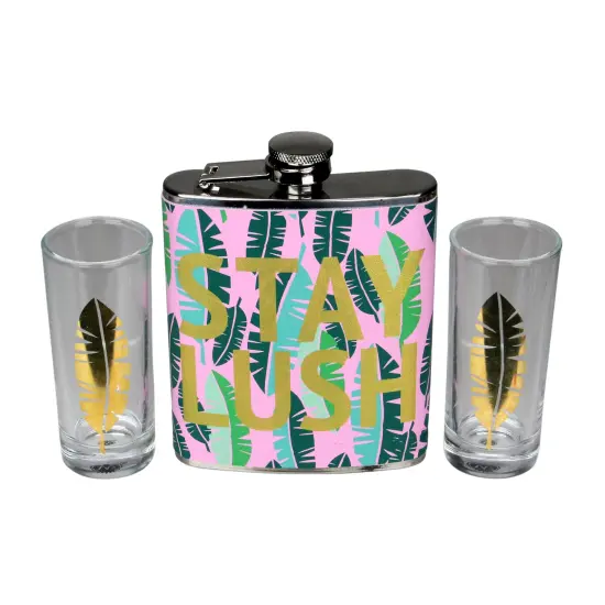 Wild Eye Tropical "Stay Lush" Flask and Shot Glass Gift Set 7 oz. Pink {1}