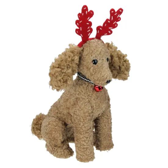 Northlight Plush Poodle Puppy with a Jingle Bell Collar and Antlers Christmas Figure - 14.5" Brown {3}