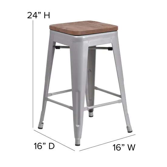 Merrick Lane Dalton Series Backless Metal Dining Stool with Wooden Seat for Indoor Use Silver {5}