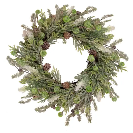 Northlight Artificial Christmas Wreath with Frosted Foliage and Pine Cones - 24" - Unlit Green {1}