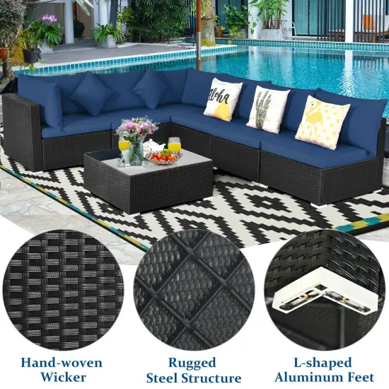 7 Pieces Sectional Wicker Furniture Sofa Set With Tempered Glass Top Navy {2}